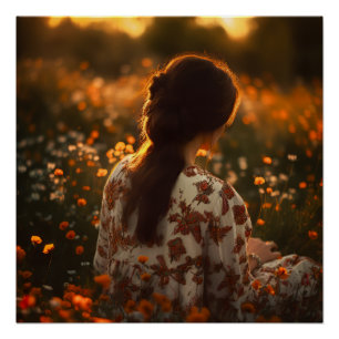 Poster Une femme assise dans un champ de Fleurs sauvages