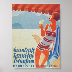 Poster Une femme avec un verre sur la plage Vintage voyag