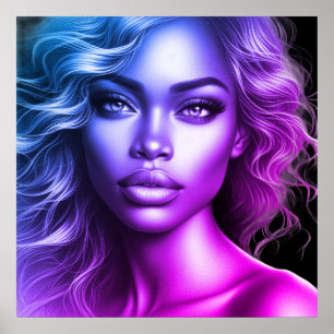 Poster Une femme bleue et violette mignonne sur un mur
