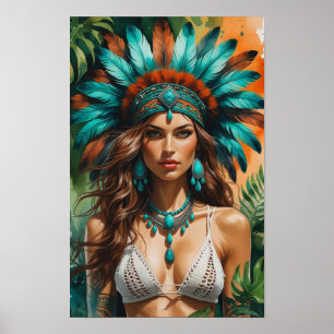 Poster Une femme bohémienne fière en Turquoise et rouille