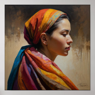 Poster une femme dans un châle multicolore