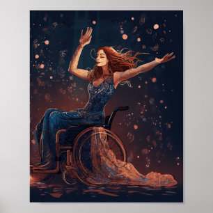 Poster Une femme en fauteuil roulant danse joyeusement