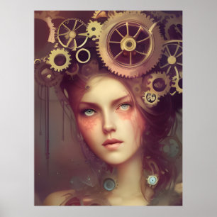 Poster Une femme imaginaire avec des engrenages de steamp