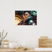 Poster Une femme pilote dans une ville de l'avenir affich (Cuisine)