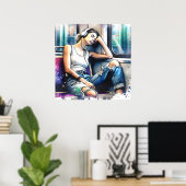 Poster Une femme qui dort dans le métro à écouter de la m (Bureau à domicile)