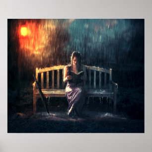 Poster Une femme qui lit un livre sous la pluie