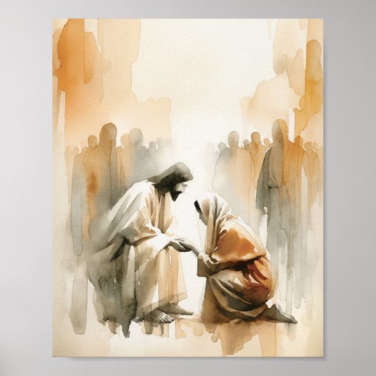 Poster Une femme touche Jésus - Aquarelle numérique Jésus (Devant)