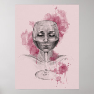 Poster Une femme visage dans le verre de vin dessin surré