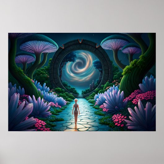 Poster Une figure extraterrestre marche vers une planète (Devant)