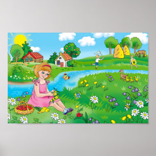 Poster Une fille dans la prairie, en été.