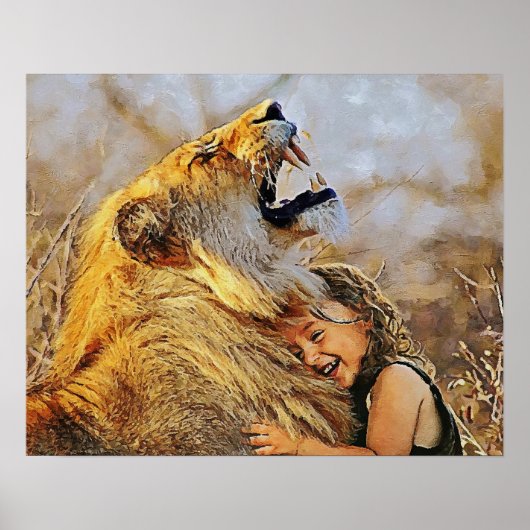 Poster Une fille embrassant le mur d'art du lion pour déc (Devant)
