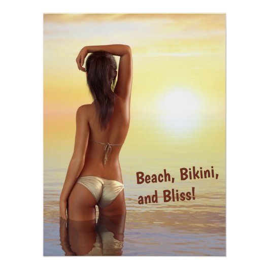 Poster Une fille en bikini en mer au coucher du soleil (Devant)