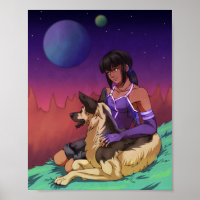 Une fille et son chien dans l'espace