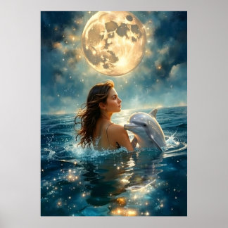 Poster Une fille et un bébé dauphin nagent dans la mer
