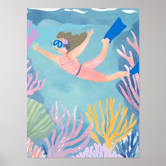 Poster Une fille faisant de la plongée en apnée sur la ba (Devant)