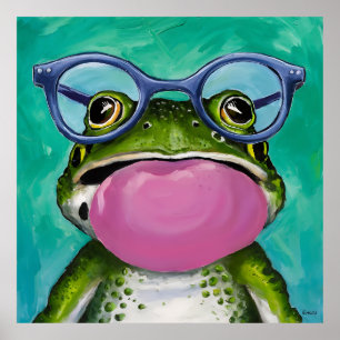 Poster Une grenouille portant des lunettes et soufflant u