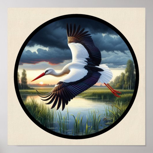 Poster Une image 3D circulaire d'une belle cigogne blanch (Devant)