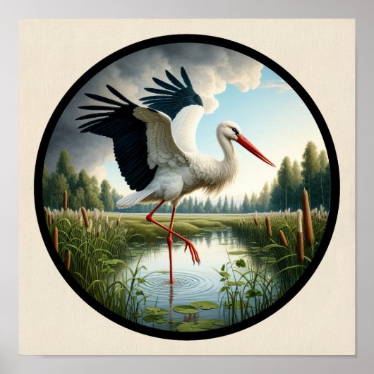 Poster Une image 3D circulaire d'une belle cigogne blanch (Devant)