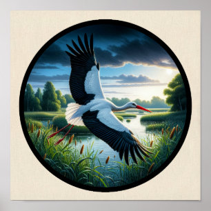 Poster Une image 3D circulaire d'une belle cigogne blanch