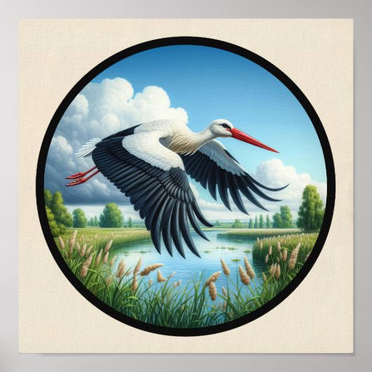 Poster Une image 3D circulaire d'une belle cigogne blanch (Devant)
