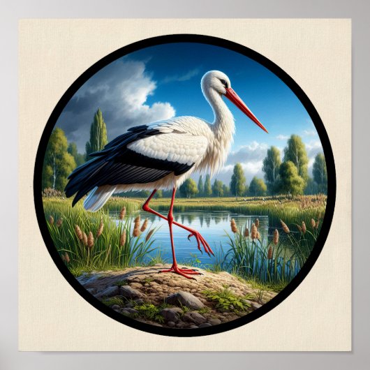 Poster Une image 3D circulaire d'une belle cigogne blanch (Devant)