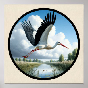 Poster Une image 3D circulaire d'une belle cigogne blanch