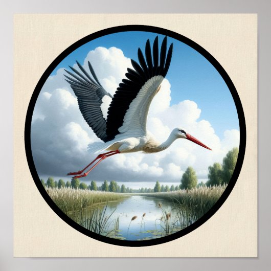 Poster Une image 3D circulaire d'une belle cigogne blanch (Devant)
