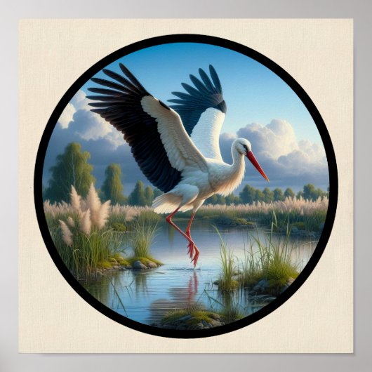 Poster Une image 3D circulaire d'une belle cigogne blanch (Devant)