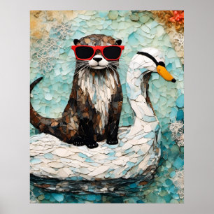 Poster Une loutre en vacances sur un cygne flottant