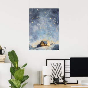 Poster Une Maison Lumineuse Cosy Nichée sous un ciel étoi