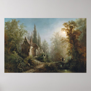 Poster Une Nuit Lune Au-Dessus D'Une Chapelle Et De Rider