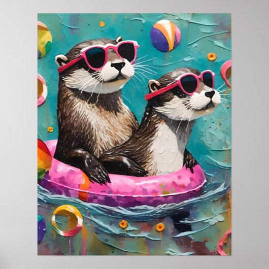 Poster Une paire de Otter en vacances dans une bague flot (Devant)