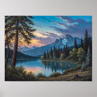 Poster Une peinture d'un lac de montagne et d'arbres au s