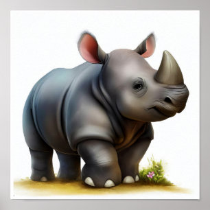 Poster Une peinture numérique d'un jeune joli rhinocéros