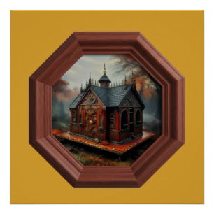 Poster Une petite cabane est assise sur une plateforme da