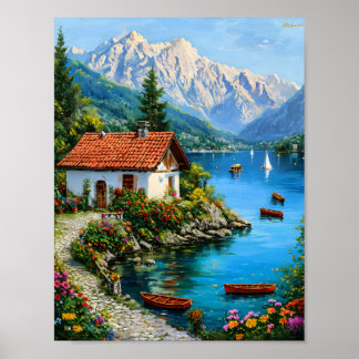 Poster Une petite maison sur fond de lac de montagne