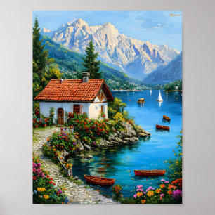 Poster Une petite maison sur l'arrière - plan d'un lac de