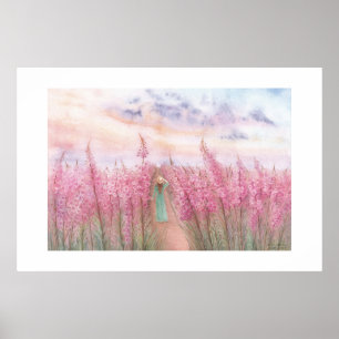 Poster Une promenade dans un champ de fleurs roses