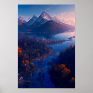 Poster Une rivière qui s'écoule dans un lac de montagne P