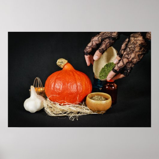 Poster Une sorcière de Halloween prépare une potion (Devant)