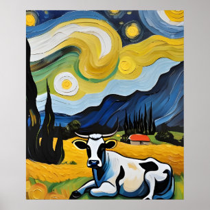 Poster Une vache dans la Nuit étoilée