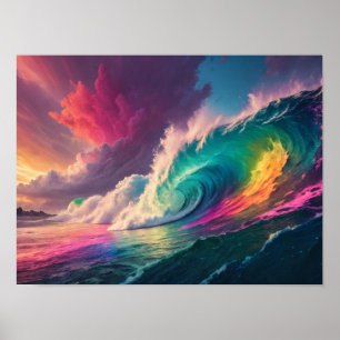 Poster Une vague arc-en-ciel : océan coloré et ciel