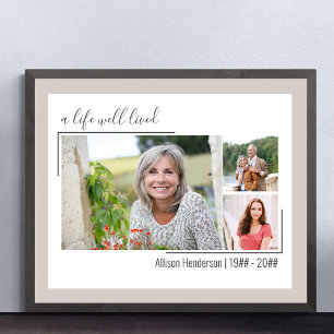Poster Une vie bien vécue Élégant Script 3 Photo Funérail