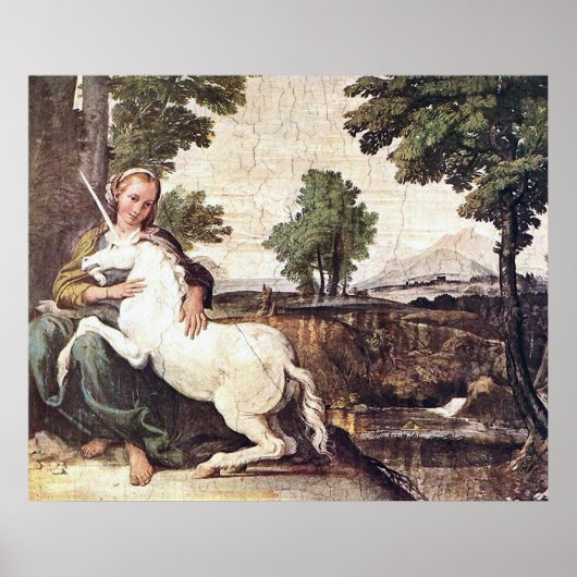 Poster Une vierge avec licorne par Domenico Zampieri Impr (Devant)