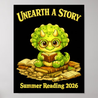 Poster Unearth a Story Triceratops Dinosaur Reading Books