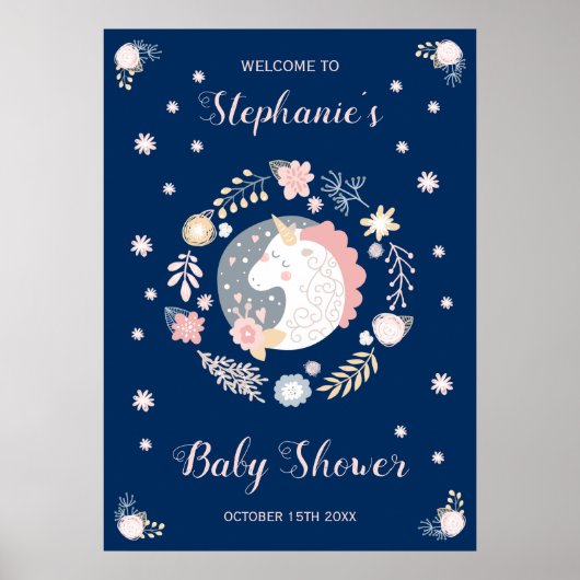 Poster Unicorn Blush & Navy Baby shower Personnalisé (Devant)