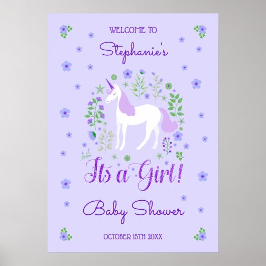 Poster Unicorn C'Est Une Fille Violet Baby shower Personn (Devant)