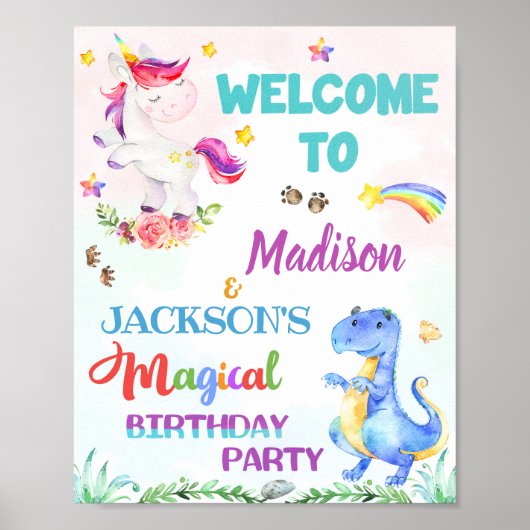 Poster Unicorn et Dinosaur signe de fête de bienvenue Sym (Devant)