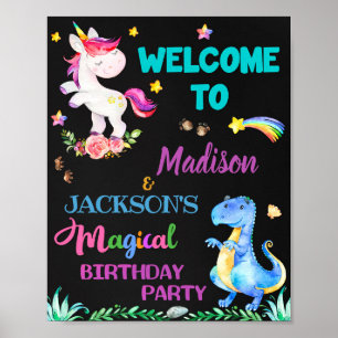 Poster Unicorn et Dinosaur signe de fête de bienvenue Sym