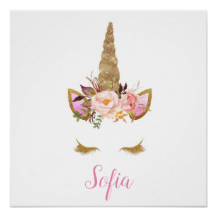 Poster Unicorn Nom de l'enfant Pink Floral Magical Nurser